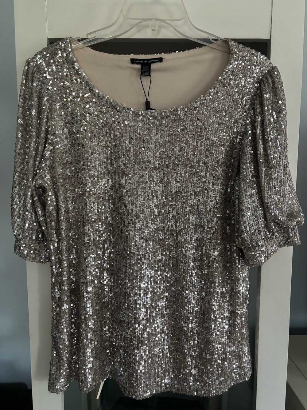 Cable & Gauge Silver Sequin Puff Sleeve Top Large